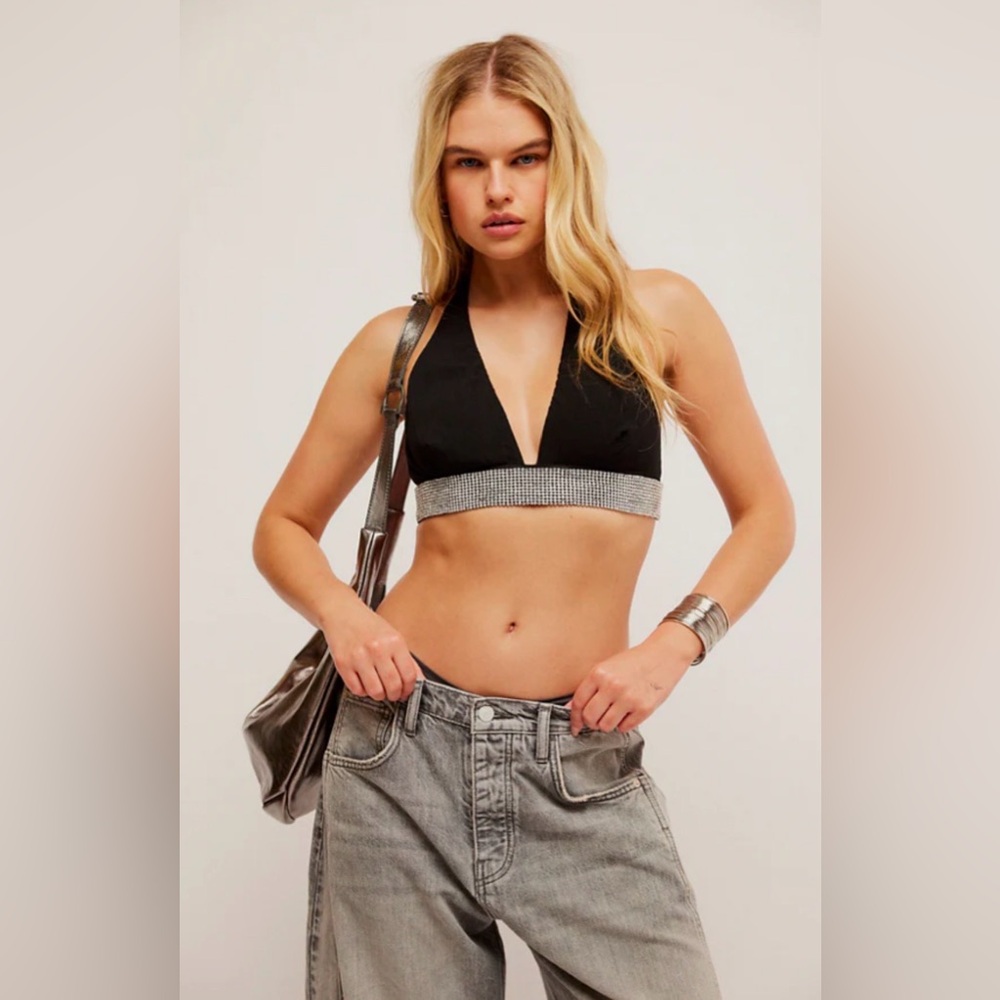 Free People Of The Moment Halter Bralette Top Sz medium rhinestones Black NWT